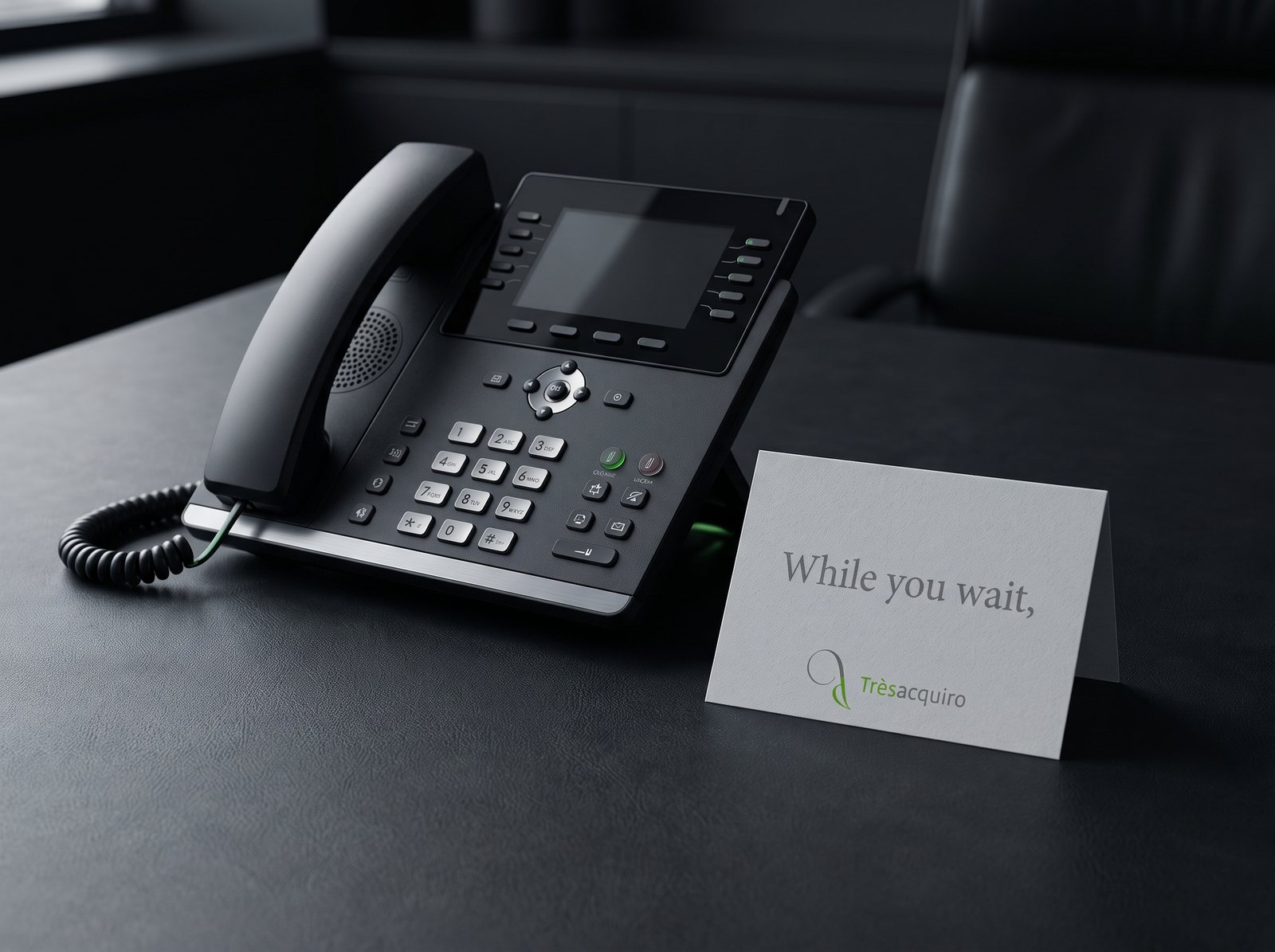 An office phone beside a card