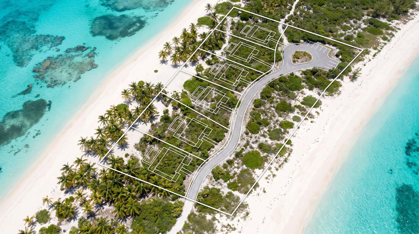 A beachfront parcel from the air with a concept site plan drawn over it